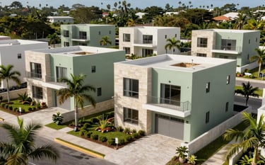 A newly completed modern residential development in a Caribbean / Jamaican suburban area. The houses are painted in soft sage green and limestone cream, surrounded by manicured tropical gardens. Wide shot, luxury architecture style.