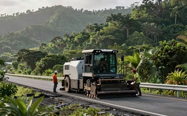 A heavy-duty paving machine and road crew working on a modern highway project in a lush, mountainous Caribbean / Jamaican landscape. The deep forest green of the hills contrasts with the professional grey of the road. Morning light, cinematic photography.