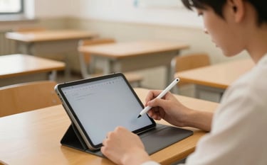 Photography of a focused student using a specialized tablet with a stylus in a sunlit, modern North American classroom. The composition is a close-up with a shallow depth of field, highlighting a warm beige and saffron yellow environment that feels inviting and calm.