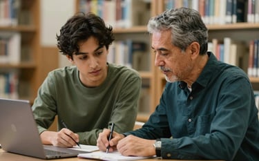 Photography of a mentor and student working together in a professional North American library. The lighting is soft and compassionate, with persian green and deep teal accents in the blurred background, emphasizing a supportive educational relationship.