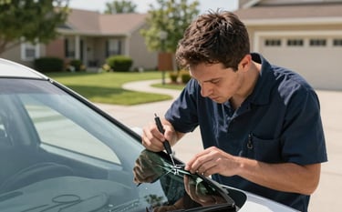 A professional mobile glass technician in a clean uniform repairing a small windshield chip in a bright suburban North American driveway, using specialized precision tools under natural daylight.