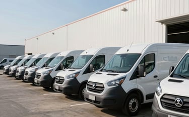 A fleet of clean, white service vans with subtle professional branding parked outside a modern commercial warehouse in a industrial park, bright clear morning lighting, North American / US.