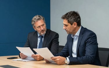 Two European professionals in business attire discussing documents in a modern meeting room. The background is a mix of medium blue and light gray walls. The atmosphere is professional and collaborative, typical of a top-tier Spanish consultancy.