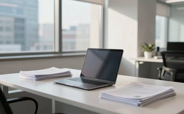 A bright, professional office interior in Spain with a clean desk, a modern laptop, and neat stacks of documents. Soft sunlight filters through large windows. The scene is accented with light blue and off-white tones, reflecting a sophisticated European business environment.