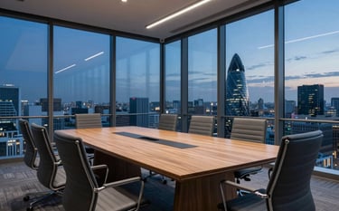 A wide shot of a contemporary boardroom in a European skyscraper. High-end wooden table, ergonomic chairs, and a view of a city like Madrid or Barcelona at dusk. The palette focuses on dark blue and light gray, conveying prestige.