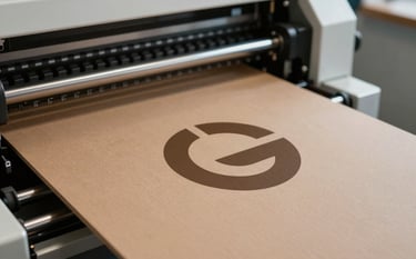 Close-up of an industrial printing press machine precisely applying a minimalist logo onto a flat cardboard sheet. The machine is sleek metallic black and white. Soft industrial lighting. Palette: #2C2C2B, #6B4D3C, #A08D7D.