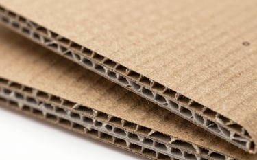 A macro photograph showing the cross-section of heavy-duty corrugated cardboard, emphasizing the strength and quality of the fluting. Modern and artistic. Palette: #6B4D3C, #A08D7D, #F7F7F7.