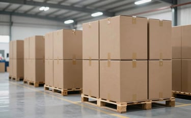 A wide-angle interior shot of a clean, modern manufacturing facility. Stacks of high-quality brown corrugated carton boxes are neatly organized on wooden pallets. The lighting is bright and industrial, reflecting precision. Palette: #2C2C2B, #6B4D3C, #F7F7F7.