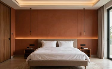 A luxurious master suite in a Brazilian residence featuring a terracotta-colored accent wall behind a large bed. The lighting is warm and cinematic, emphasizing the professional finish and elegant architectural details of the room.