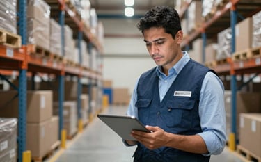 A professional logistics manager in a modern Latin American / Spanish logistics hub, wearing a corporate vest and holding a digital tablet. The background features organized warehouse racks and soft lighting. Palette includes Deep Navy Blue and Sky Blue accents.
