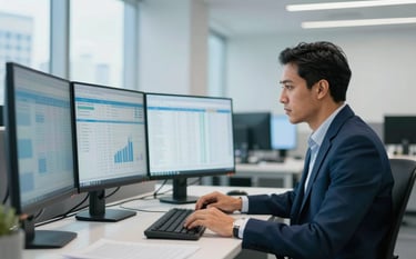 A clean, bright corporate office in Latin America / Spanish city where a financial expert is analyzing data on multiple monitors. The atmosphere is professional and modern. Palette features Corporate Blue and Soft Mist Blue.
