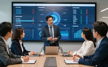 A group of professionals in a modern Latin American / Spanish business boardroom, interacting with a large digital dashboard showing integrated business data. Palette includes Deep Navy Blue and Sky Blue.