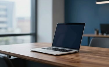 A clean, modern North American office interior with soft natural light. A high-end laptop sits on a sleek wooden desk, suggesting a secure and professional digital environment. The color palette features deep navy and soft light blue accents.