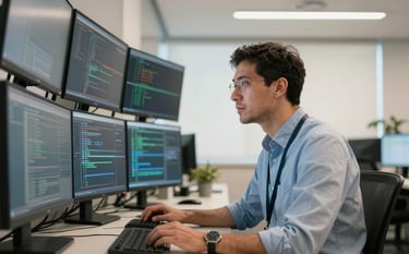 A professional cybersecurity consultant in a North American / US corporate setting, looking at a wall of monitors in a bright, modern room. The lighting is warm and welcoming, conveying a human approach to technology.