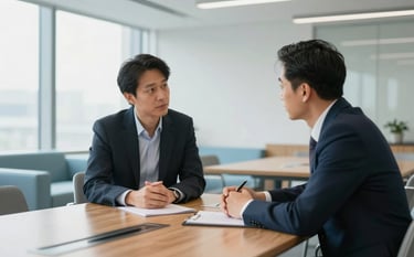 Two professionals in a bright, modern North American conference room, discussing strategy over a clean wooden table. The atmosphere is sophisticated and collaborative, with large windows and pale blue accents in the furniture.