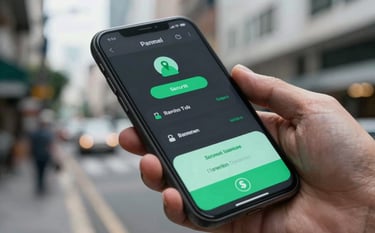 A close-up shot of a modern smartphone screen held by a professional in a Southeast Asian / Indonesian city environment. The screen displays a successful digital payment interface with Charcoal and Light Emerald Green tones, symbolizing a secure transaction.