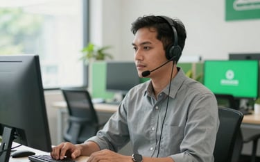 A professional Southeast Asian / Indonesian customer support representative wearing a sleek headset, sitting in a bright, modern, clean-lined office. The scene is illuminated by natural daylight and features soft Emerald Green accents from the brand palette on office decor.