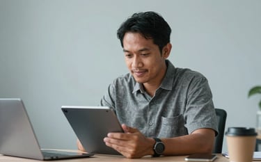 A focused photograph of a Southeast Asian / Indonesian merchant in a contemporary workspace, checking a digital tablet with a confident expression. The lighting is efficient and professional, with a clean Pale Blue-Grey background.