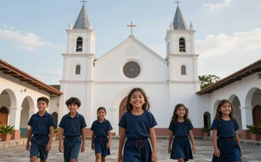 Photography of joyful children and teenagers in a bright Central American / Costa Rican church courtyard, soft natural morning light, featuring soft sky blue and deep navy blue clothing accents, contemporary and serene atmosphere.