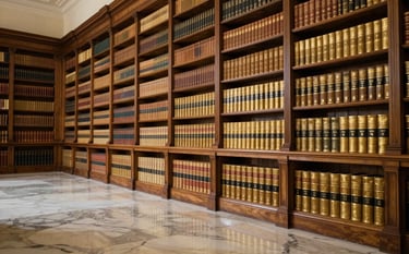 A wide angle of an elegant Italian legal library. Floor-to-ceiling wooden bookshelves filled with gold-embossed spines. A marble floor reflects the soft ivory and gold lighting. Sophisticated and authoritative atmosphere.