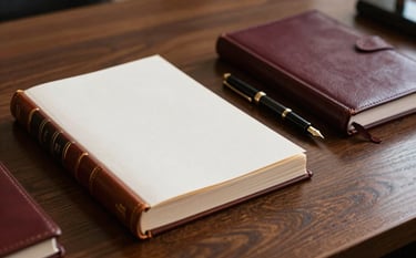 A close-up of a professional desk in an Italian law office. On the dark wood surface, there are leather-bound law books, a fountain pen, and a subtle burgundy notebook. The lighting is soft and warm, highlighting textures of paper and leather. Southern European style.