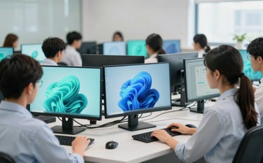A professional IT classroom in Talcher with students focused on modern computer monitors showing Windows 11 interfaces. The room is bright and modern, emphasizing an empowering learning environment. The color palette includes professional tones of #1B4965 and #A7D9D9.