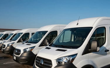 A fleet of clean white commercial delivery vans parked in a professional North American business park. The morning sun glints off the windshields, highlighting their perfect condition. Background of a clear deep blue sky.