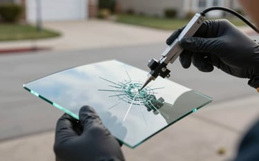Close-up photography of a professional technician using a high-precision glass repair bridge on a star-shaped windshield crack. The setting is a clean North American driveway in soft morning light. The glass is crystal clear, reflecting a light blue sky.