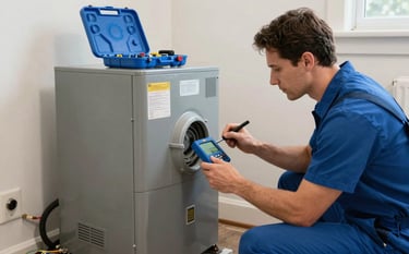 A professional HVAC specialist performing diagnostics on a furnace in the basement of a North American / US home. The workspace is clean and organized, with crisp off-white walls and modern blue tools, showcasing reliable expertise.