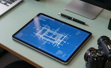 A high-angle photo of a modern architectural workstation. On a parchment green desk sits a large tablet displaying a detailed structural blueprint in royal blue lines. Next to it, a sleek black pen and a professional camera. The lighting is clean and natural, reflecting a modern engineering office.