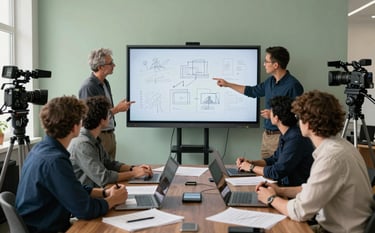 Behind-the-scenes shot of a collaborative meeting in a bright office. A team is discussing content on a large screen surrounded by sketches and cameras. The palette features dark navy furniture and parchment green walls, emphasizing a professional yet relaxed creative process.