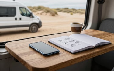 A close-up of a wooden desk inside a camper van parked near Northern European sand dunes. On the desk is a smartphone, a cup of coffee, and a notebook with clear, simple sketches. Adventurous and professional mood.