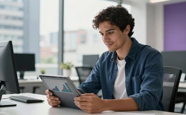 Professional photography of a young adult in a modern, sunlit office in a Latin American city, looking confidently at a digital tablet while reviewing financial charts. The atmosphere is optimistic and bright, featuring a clean workspace with accents of dark blue and soft purple.
