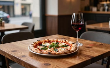 A high-end, Scandinavian-style restaurant interior in a Western / European-influenced city. A single wooden table features a beautifully styled artisanal pizza and a glass of red wine. Soft, natural lighting and warm wood tones.