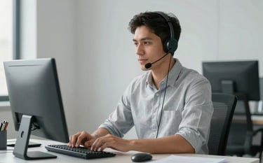 A professional South American employee wearing a modern headset, sitting at a clean, minimalist desk in a bright office. The scene features light gray walls and dark gray desk accessories, captured with a shallow depth of field and soft natural lighting.