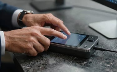Close-up of professional South American hands using a sleek telephone console on a dark gray marble surface. The lighting is precise and dramatic, highlighting the high-tech equipment in a modern Brazilian corporate setting.
