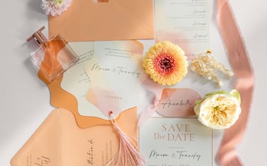 Papeterie de mariage haut de gamme style bohème chic avec save the date terracotta, détails floraux