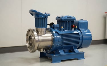 A high-performance industrial electric fire pump system in a professional mechanical room. The machine features steel blue accents and polished metal components. Lighting is crisp, reflecting a modern efficiency and engineering expertise in a clean environment with soft off-white walls.