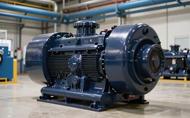 A powerful industrial diesel motor fire pump unit, painted in a professional deep navy. The scene is a sophisticated industrial facility with steel blue pipes and soft off-white floors. The lighting highlights the robust engineering and reliability of the machinery.
