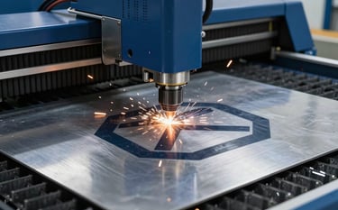 A high-end industrial laser cutting machine precisely carving a geometric logo from a thick sheet of polished steel, clean modern workshop environment in Brazil, bright focused sparks, cinematic professional lighting, midnight blue and steel blue tones.