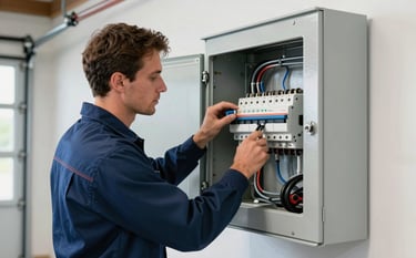 A professional electrician in a steel blue uniform working on a modern electrical circuit breaker panel inside a clean North American / US home garage. The scene is bright and highlights modern efficiency, featuring a palette of mist grey and dark navy with sophisticated tool highlights.