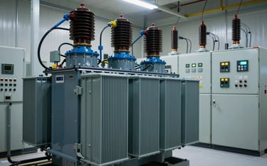 High-voltage industrial electrical transformer and professional control panels inside a clean North American / US power distribution room. Reliable and sophisticated atmosphere, featuring dark navy machinery and steel blue accents under crisp lighting.