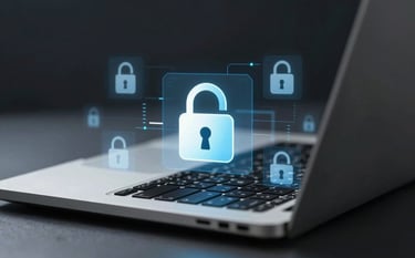 A professional cybersecurity theme featuring a close-up of a laptop with digital lock icons overlaid. The aesthetic is sleek and high-tech, using a sophisticated palette of #8BAAC7 and #0E1B2C. The lighting is focused and clear, conveying unwavering protection.
