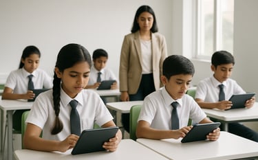 A clean, bright photograph of a modern digital classroom in a South Asian school. South Asian students are focused on tablet screens, with a professional female leader in the background observing. The room is filled with soft natural light and features minimalist white and green furniture.