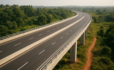 A high-angle professional photograph of a newly constructed modern bridge and smooth asphalt road cutting through a lush South Asian landscape. The scene features bright daylight, reflecting a sense of progress and connectivity, with subtle green and saffron tones in the natural surroundings.