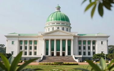 A wide-angle, symmetrical shot of the Nigerian National Assembly building complex, emphasizing its iconic green dome and massive white columns. The lighting is bright and clear, reflecting a theme of transparency. The surrounding environment is lush with #2F6F4C green foliage. A sophisticated and forward-thinking architectural view.