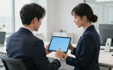 A professional individual in a sharp deep charcoal navy blazer sitting in a modern office, looking at a soft sky blue tablet screen. The lighting is bright and clean, reflecting off pale mist white surfaces, creating a trustworthy and efficient mood.