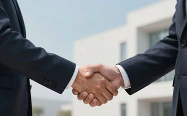 A close-up of a professional handshake between two people in deep charcoal navy suits. The background is a soft sky blue and pale mist white blur of a modern lobby, signifying a successful and confident business connection.