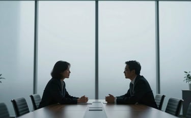 A professional conference room with frosted glass walls in a muted steel blue tone. Two silhouettes of people are seen in a polite exchange, emphasizing a discreet and reassuring connection in a corporate setting with pale mist white lighting.