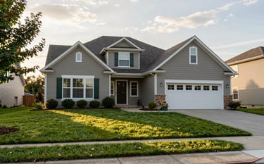 A well-maintained, welcoming residential home exterior in a North American / US suburban neighborhood. The lighting is soft and golden, suggesting a safe and peaceful environment. The lawn is neatly manicured, reflecting professional property oversight and care.